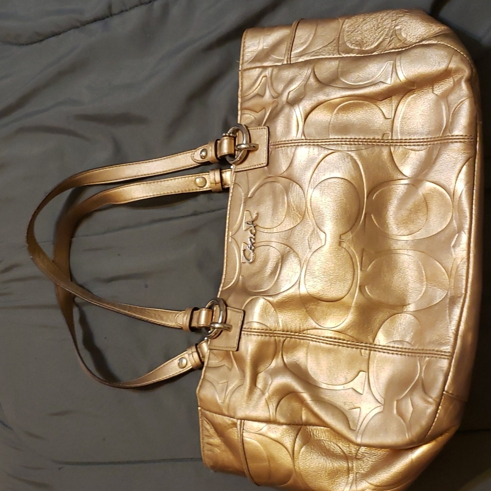 Coach East West Gallery Embossed Metallic Gold Leather Tote